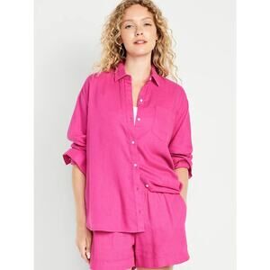 NWT Old Navy Women Linen Blend The Boyfriend Button Front Shirt Size L Tall Pink